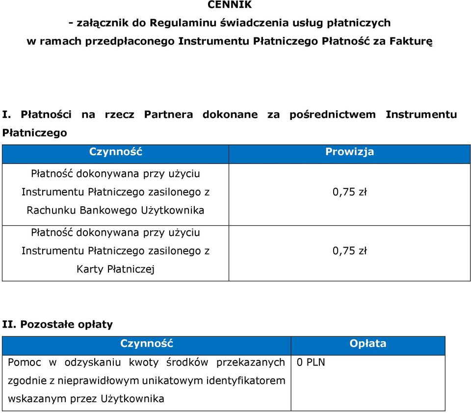 Płatniczego zasilonego z Rachunku Bankowego Użytkownika Płatność dokonywana przy użyciu Instrumentu Płatniczego zasilonego z Karty Płatniczej 0,75 zł