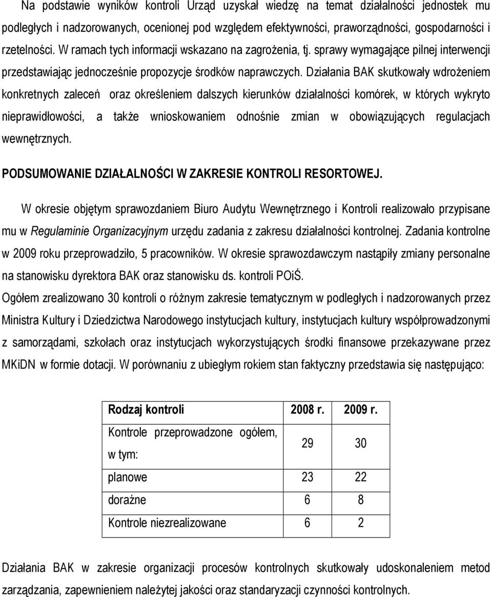 Działania BAK skutkowały wdroŝeniem konkretnych zaleceń oraz określeniem dalszych kierunków działalności komórek, w których wykryto nieprawidłowości, a takŝe wnioskowaniem odnośnie zmian w