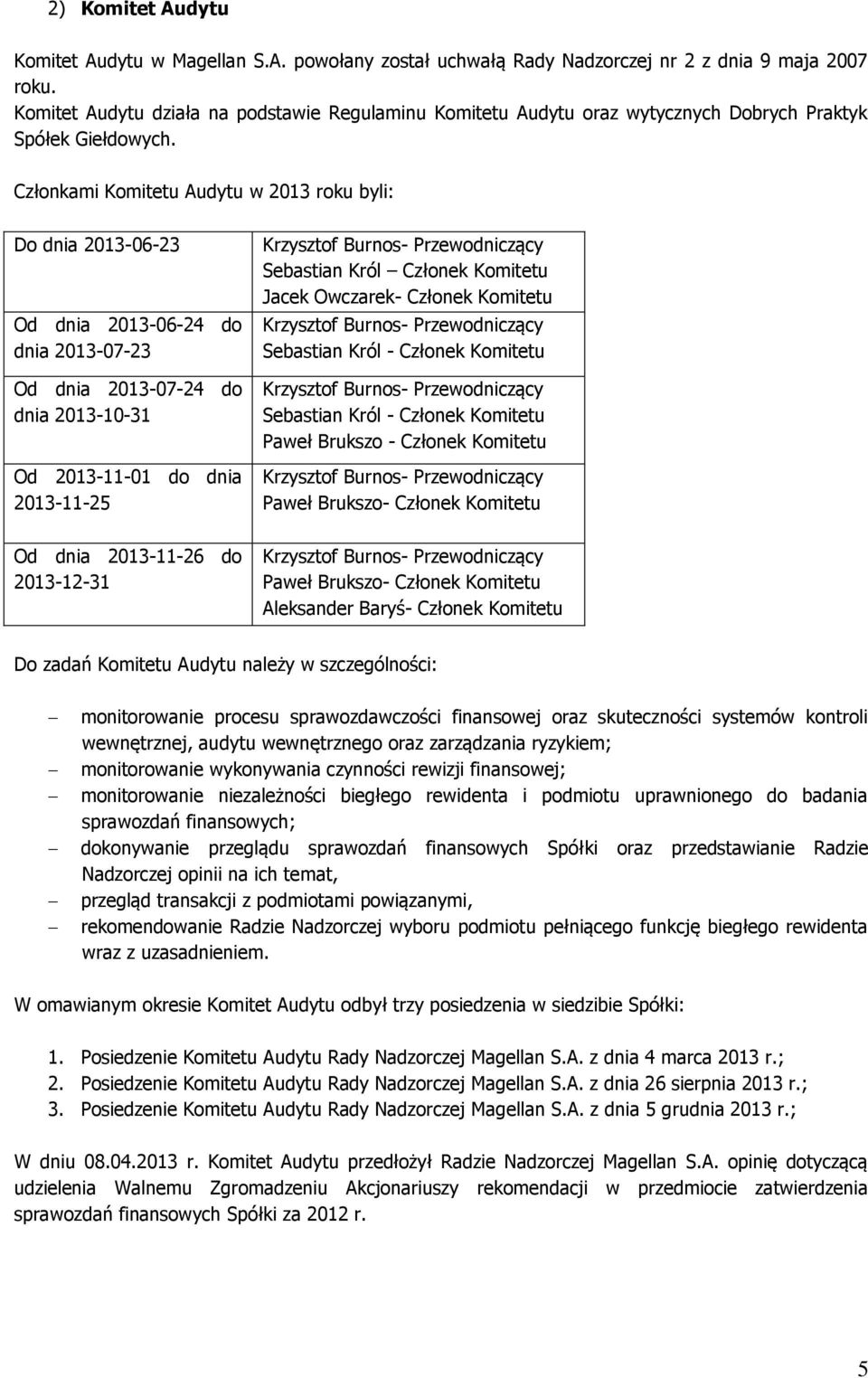 Członkami Komitetu Audytu w 2013 roku byli: Do dnia 2013-06-23 Od dnia 2013-06-24 do dnia 2013-07-23 Od dnia 2013-07-24 do dnia 2013-10-31 Od 2013-11-01 do dnia 2013-11-25 Od dnia 2013-11-26 do