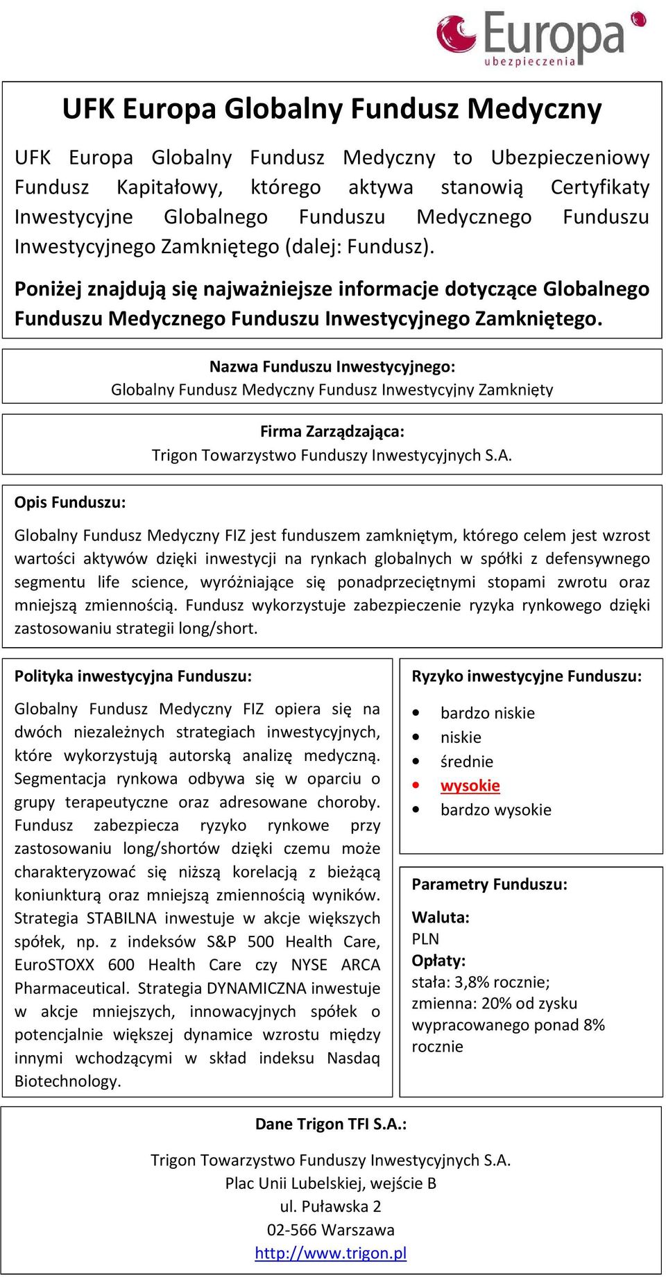 Opis Funduszu: Nazwa Funduszu Inwestycyjnego: Globalny Fundusz Medyczny Fundusz Inwestycyjny Zamknięty Firma Zarządzająca: Trigon Towarzystwo Funduszy Inwestycyjnych S.A.