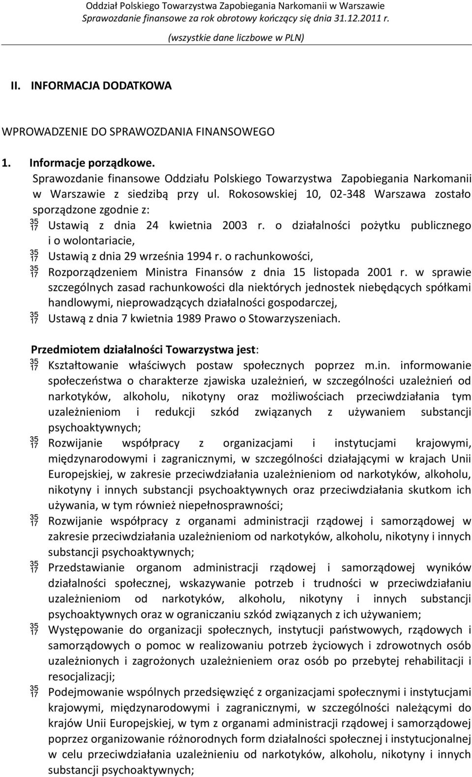 Rokosowskiej 10, 02-348 Warszawa zostało sporządzone zgodnie z: Ustawią z dnia 24 kwietnia 2003 r. o działalności pożytku publicznego i o wolontariacie, Ustawią z dnia 29 września 1994 r.