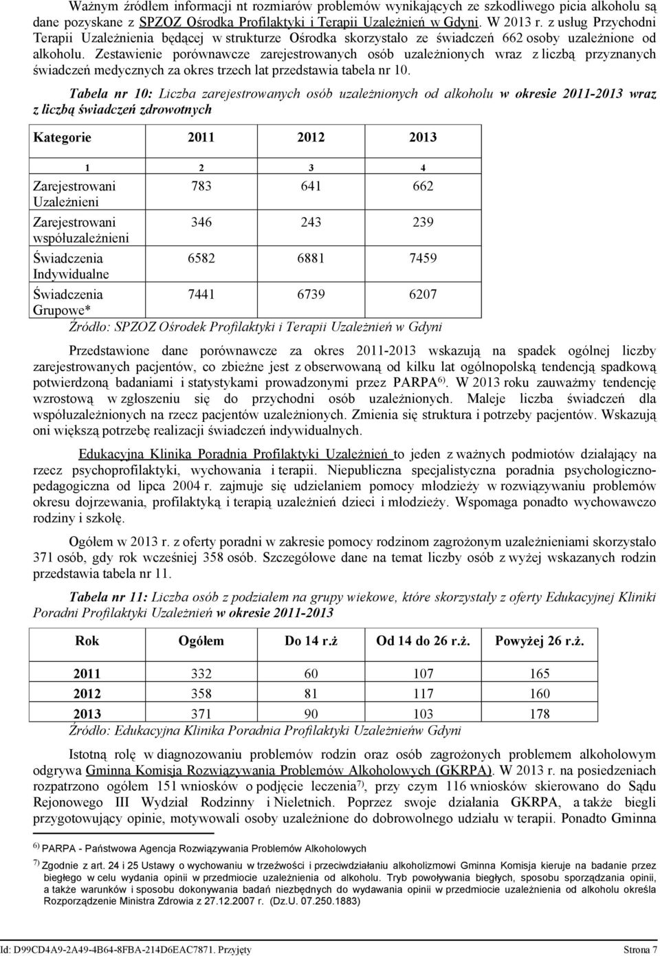 Zestawienie porównawcze zarejestrowanych osób uzależnionych wraz z liczbą przyznanych świadczeń medycznych za okres trzech lat przedstawia tabela nr 10.