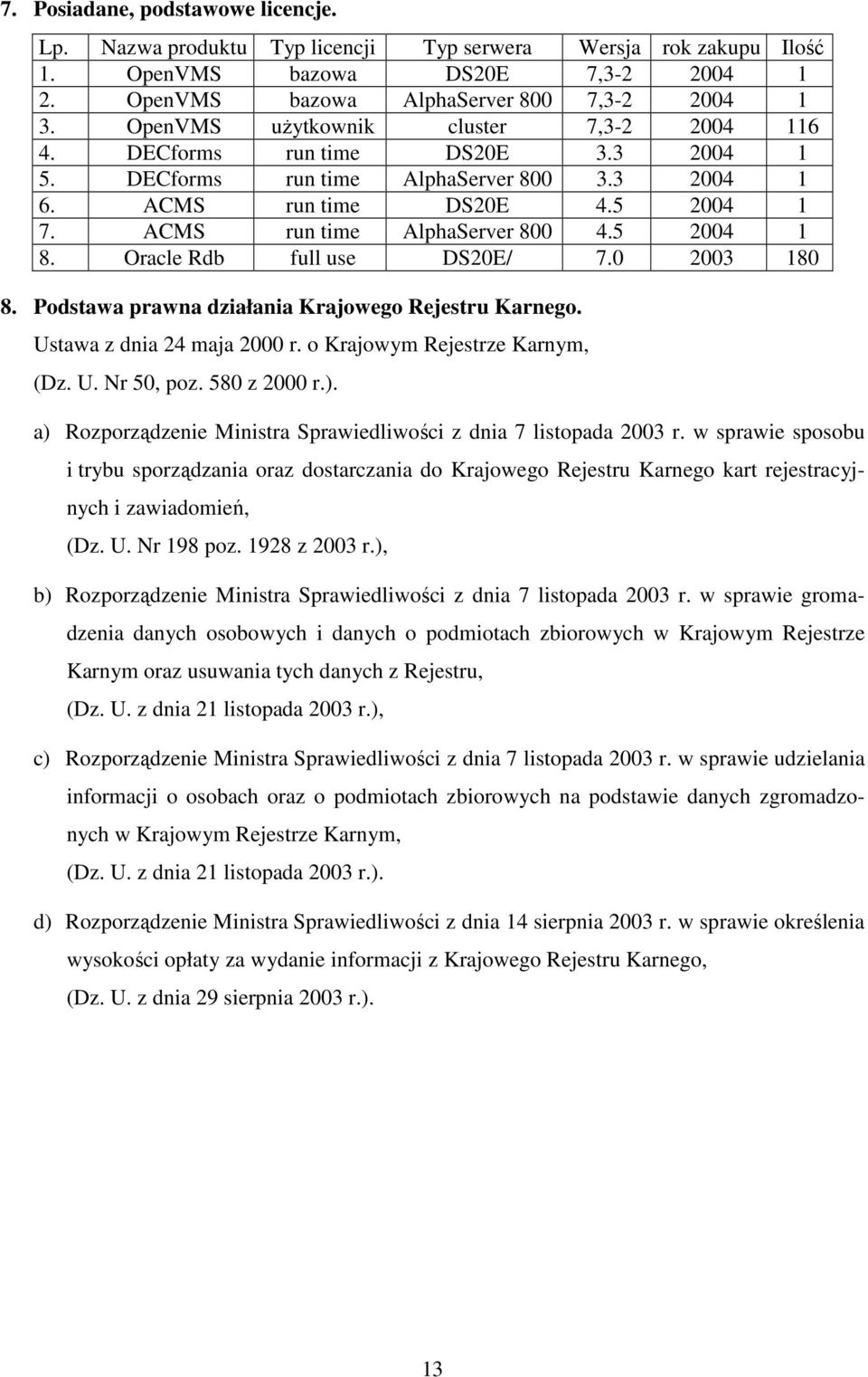 5 2004 1 8. Oracle Rdb full use DS20E/ 7.0 2003 180 8. Podstawa prawna działania Krajowego Rejestru Karnego. Ustawa z dnia 24 maja 2000 r. o Krajowym Rejestrze Karnym, (Dz. U. Nr 50, poz.