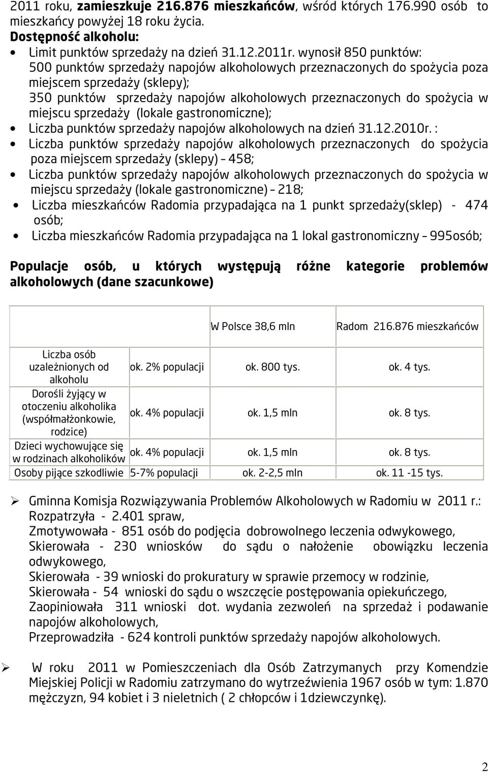 miejscu sprzedaży (lokale gastronomiczne); Liczba punktów sprzedaży napojów alkoholowych na dzień 31.12.2010r.