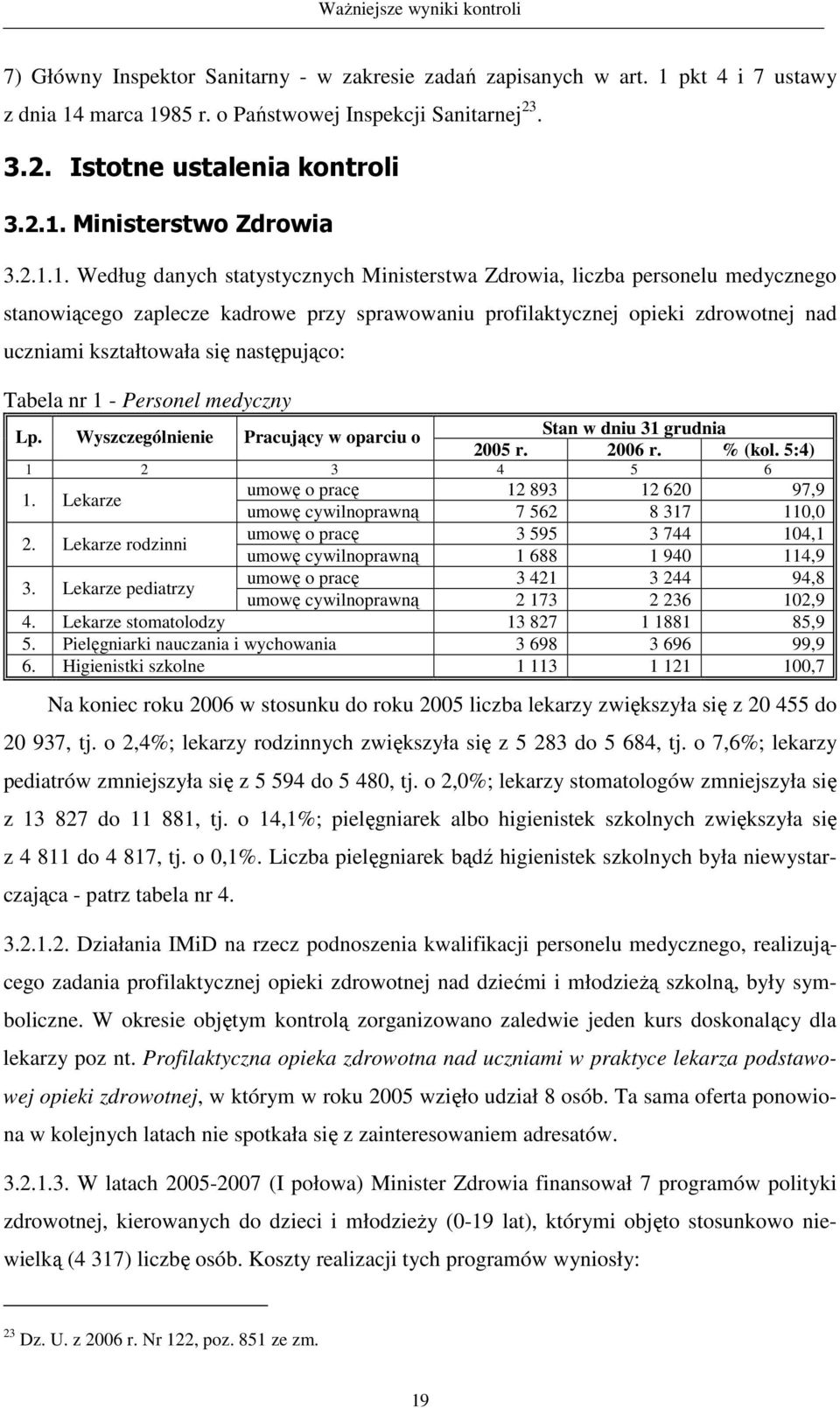 następująco: Tabela nr 1 - Personel medyczny Lp. Wyszczególnienie Pracujący w oparciu o Stan w dniu 31 grudnia 2005 r. 2006 r. % (kol. 5:4) 1 2 3 4 5 6 1.