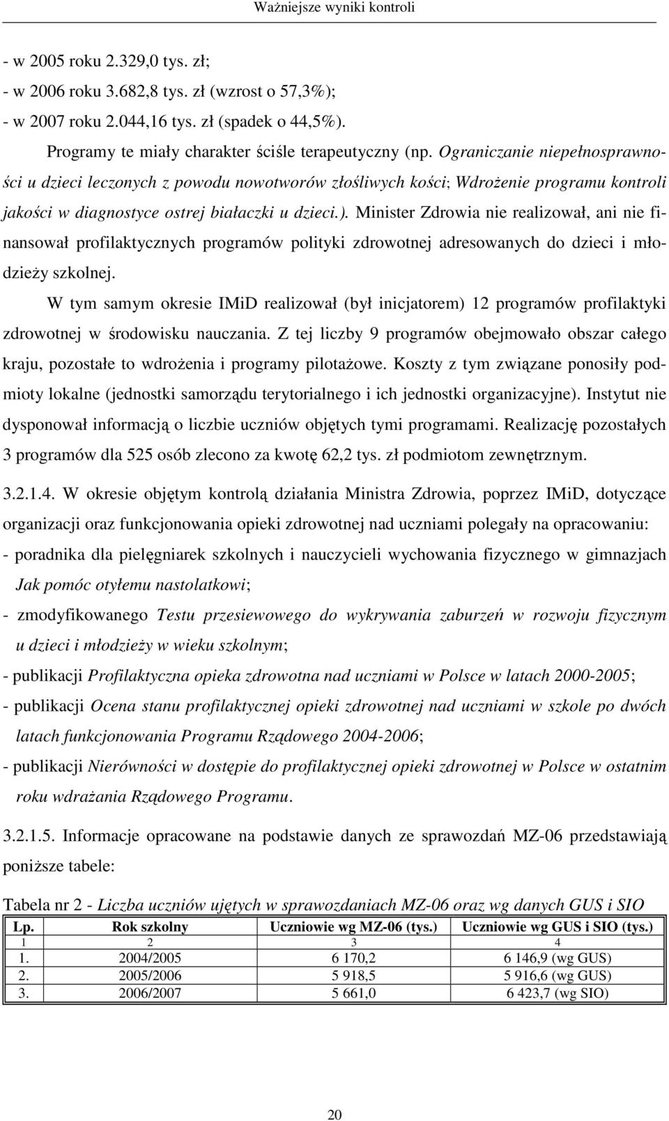 Minister Zdrowia nie realizował, ani nie finansował profilaktycznych programów polityki zdrowotnej adresowanych do dzieci i młodzieŝy szkolnej.