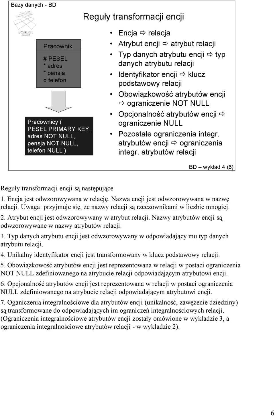 Pozostałe ograniczenia integr. atrybutów encji ograniczenia integr. atrybutów relacji BD wykład 4 (6) Reguły transformacji encji są następujące. 1. Encja jest odwzorowywana w relację.