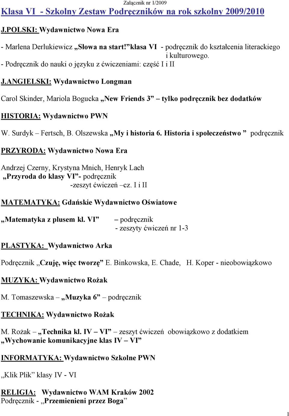 ANGIELSKI: Wydawnictwo Longman Carol Skinder, Mariola Bogucka New Friends 3 tylko podręcznik bez dodatków HISTORIA: Wydawnictwo PWN W. Surdyk Fertsch, B. Olszewska My i historia 6.