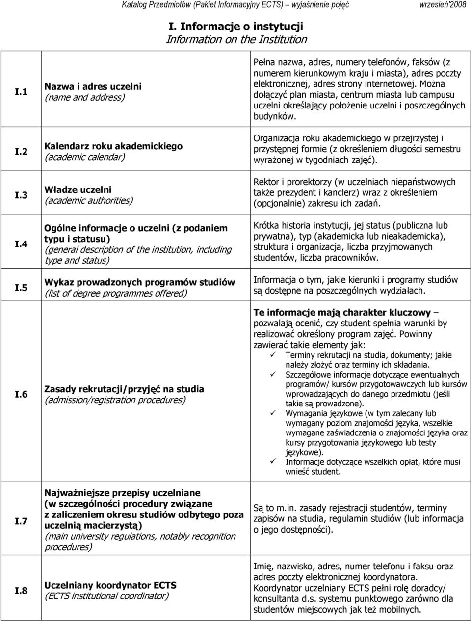 description of the institution, including type and status) Wykaz prowadzonych programów studiów (list of degree programmes offered) Zasady rekrutacji/przyjęć na studia (admission/registration