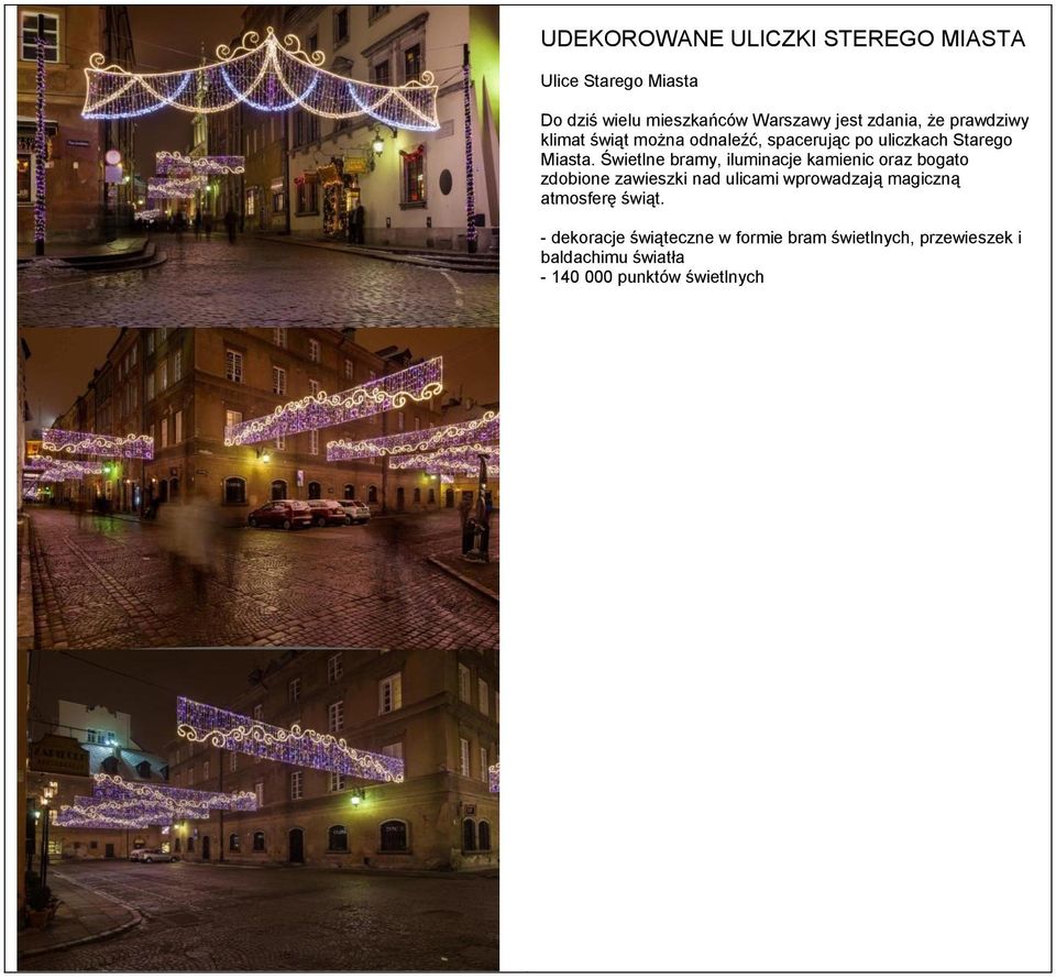 Świetlne bramy, iluminacje kamienic oraz bogato zdobione zawieszki nad ulicami wprowadzają magiczną
