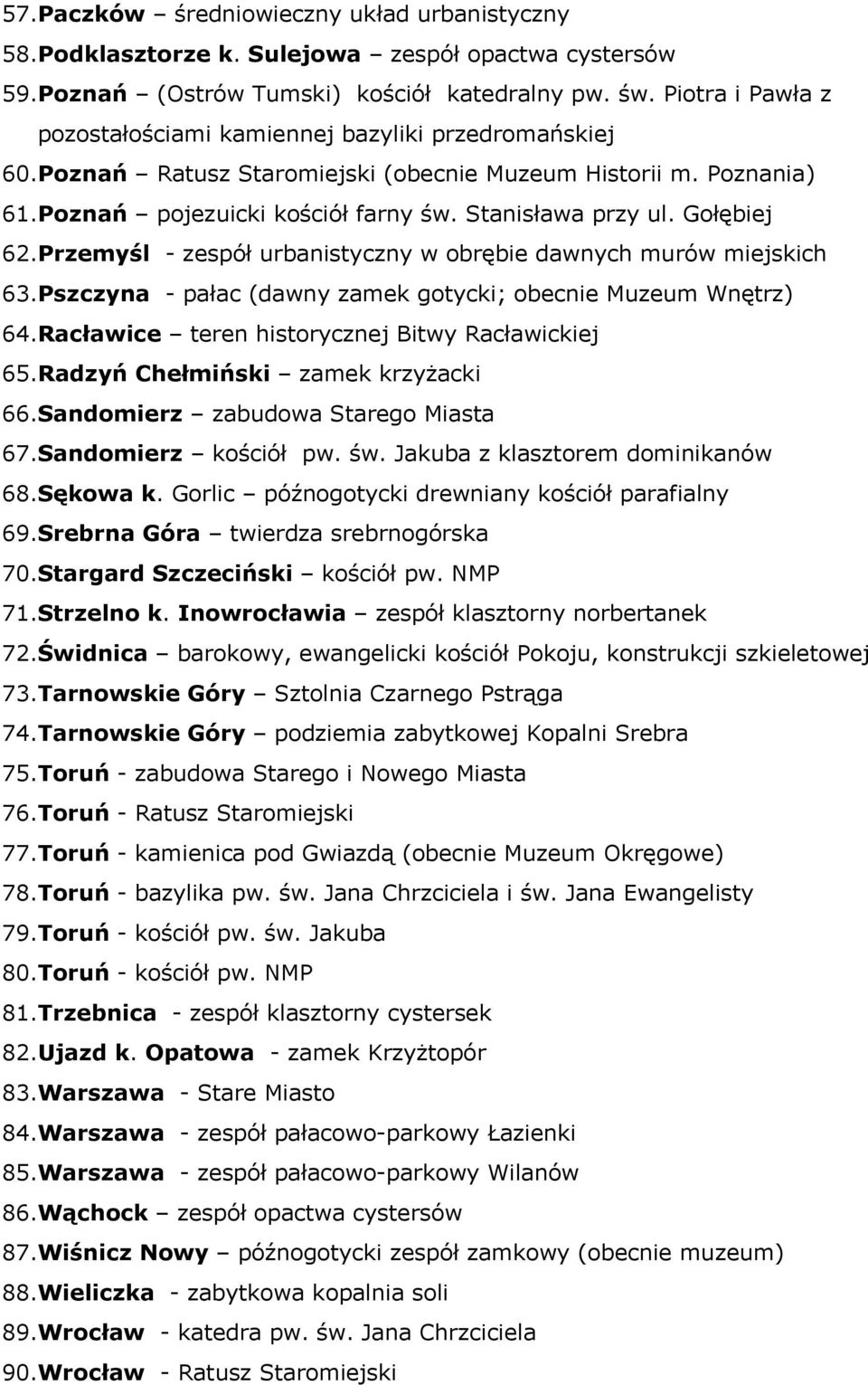 Gołębiej 62.Przemyśl - zespół urbanistyczny w obrębie dawnych murów miejskich 63.Pszczyna - pałac (dawny zamek gotycki; obecnie Muzeum Wnętrz) 64.Racławice teren historycznej Bitwy Racławickiej 65.