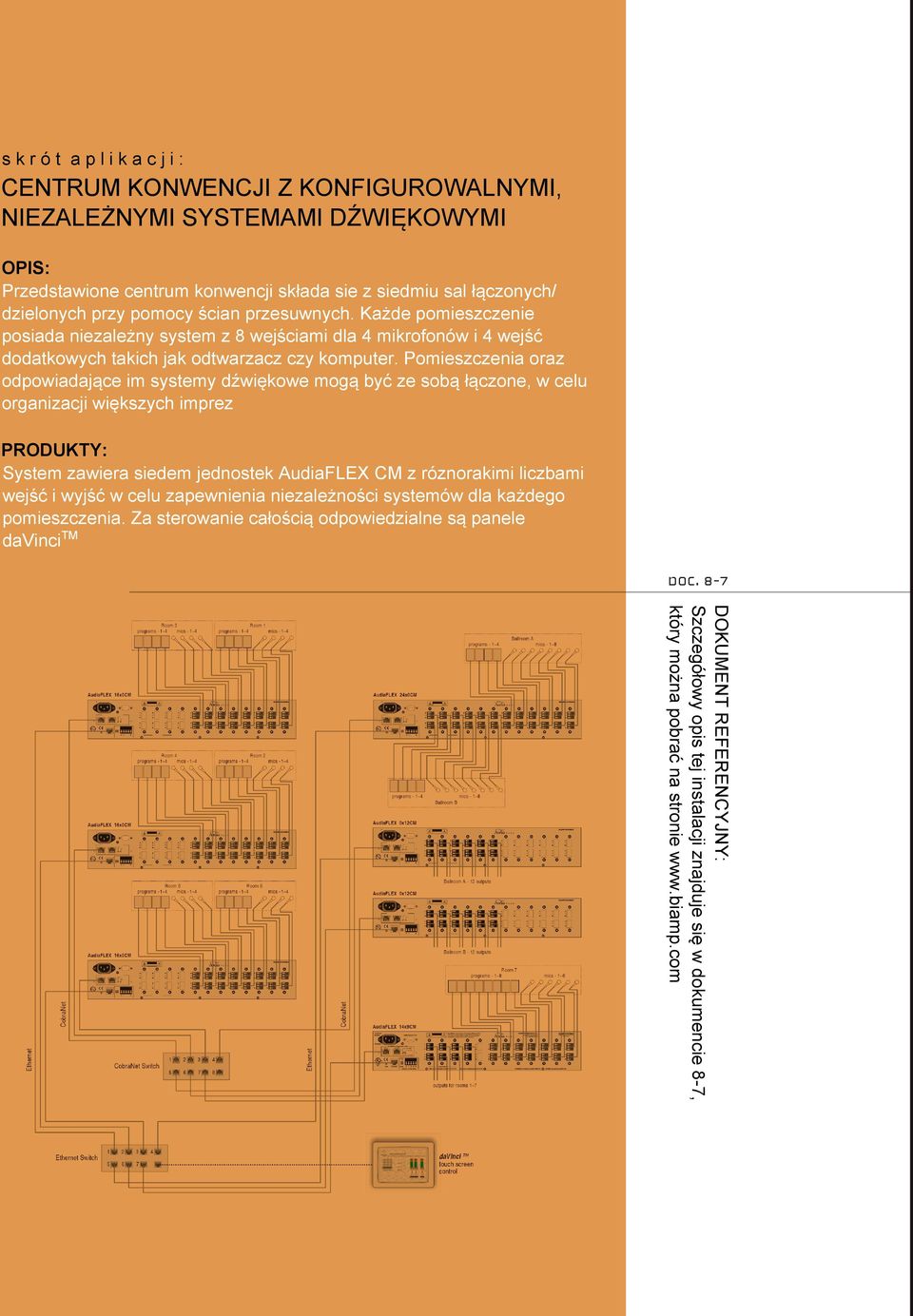 Pomieszczenia oraz odpowiadające im systemy dźwiękowe mogą być ze sobą łączone, w celu organizacji większych imprez PRODUKTY: System zawiera siedem jednostek AudiaFLEX CM z róznorakimi liczbami wejść