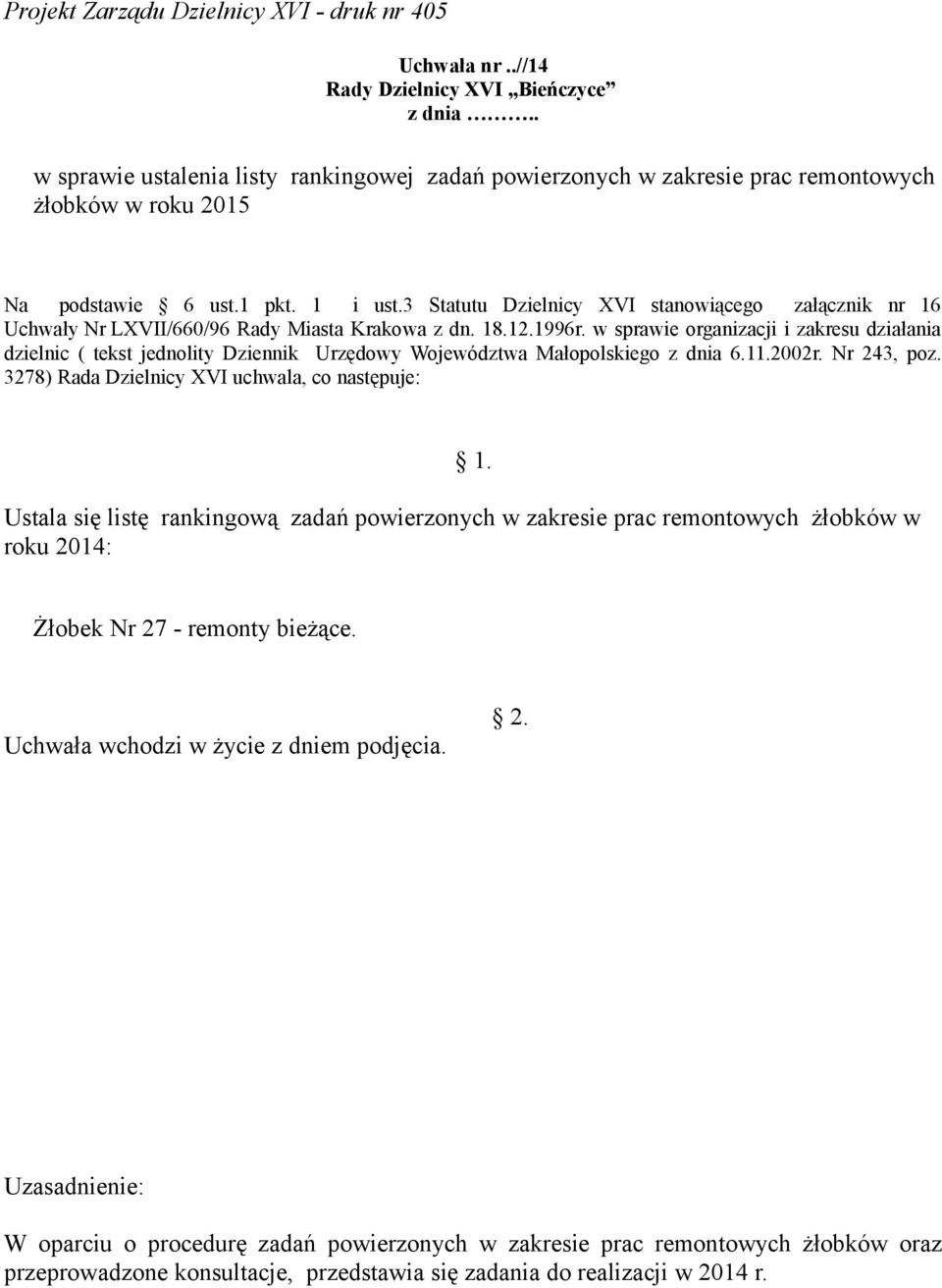 w sprawie organizacji i zakresu działania dzielnic ( tekst jednolity Dziennik Urzędowy Województwa Małopolskiego z dnia 6.11.2002r. Nr 243, poz.