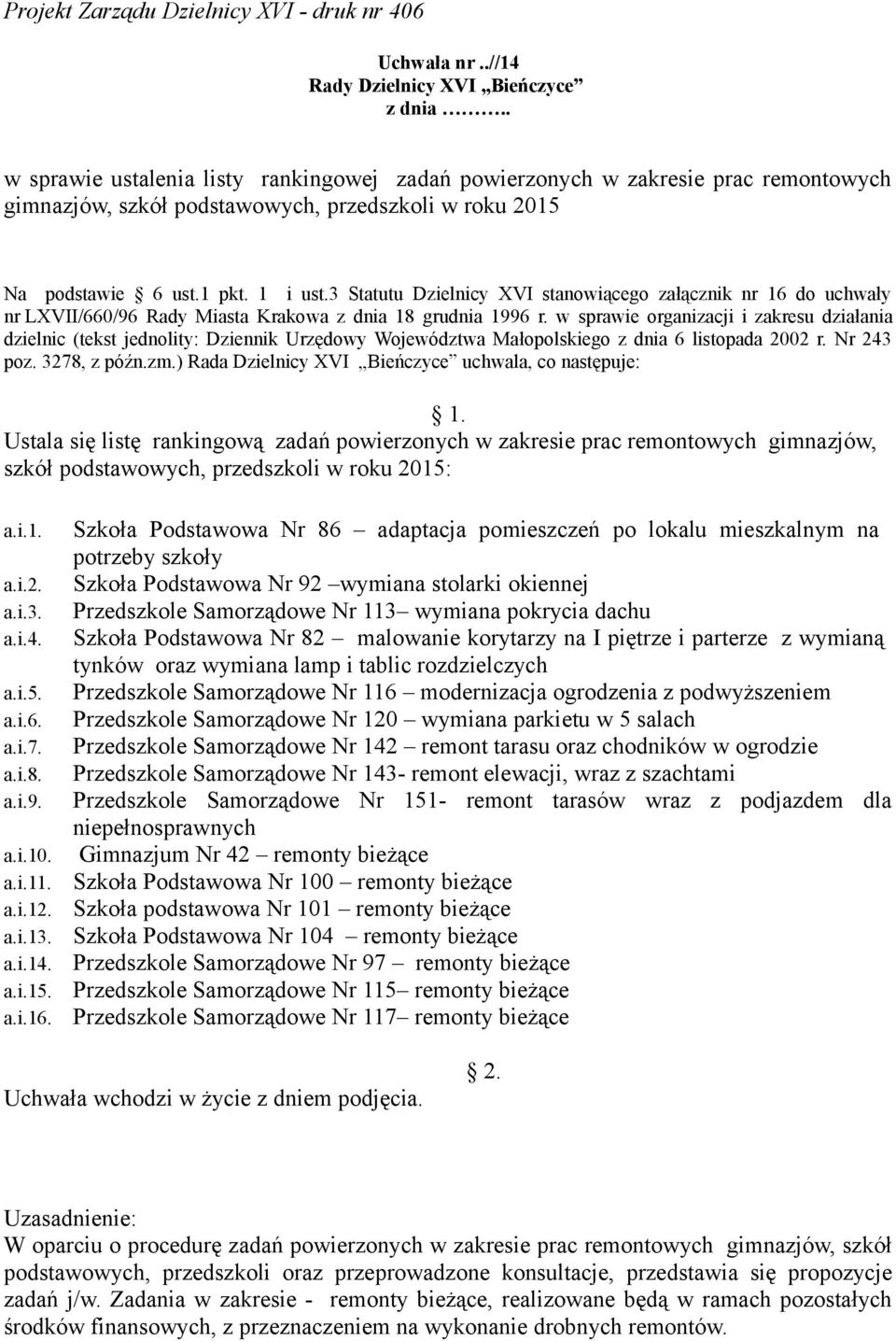 w sprawie organizacji i zakresu działania dzielnic (tekst jednolity: Dziennik Urzędowy Województwa Małopolskiego z dnia 6 listopada 2002 r. Nr 243 poz. 3278, z późn.zm.