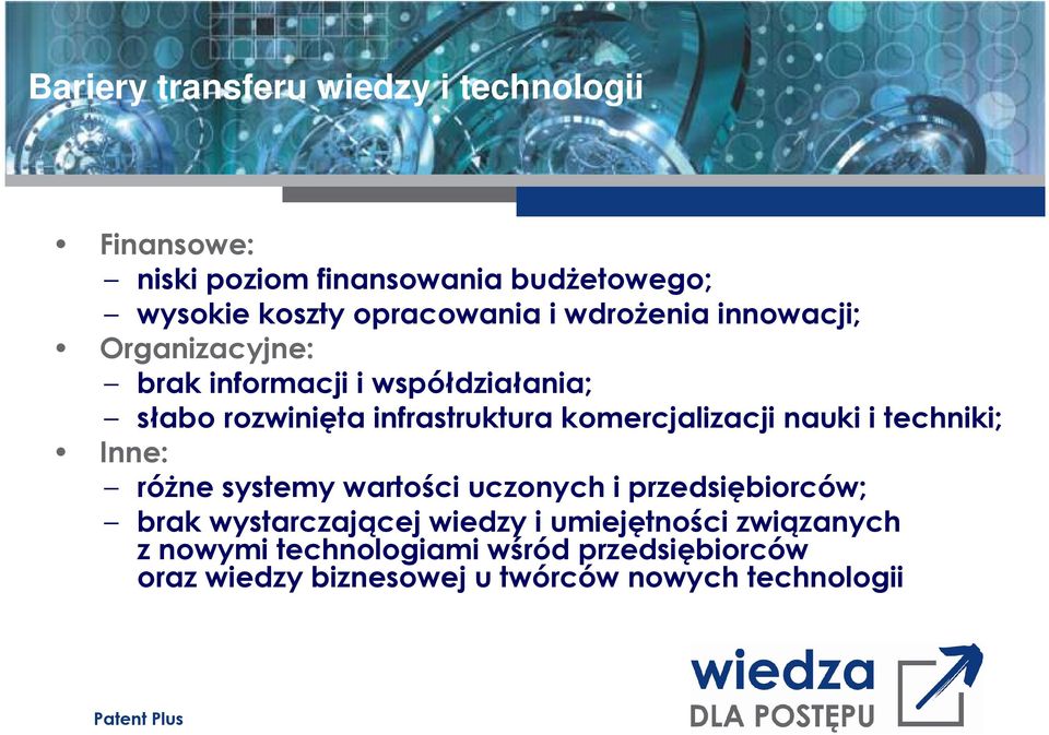 infrastruktura komercjalizacji nauki i techniki; Inne: róŝne systemy wartości uczonych i przedsiębiorców; brak