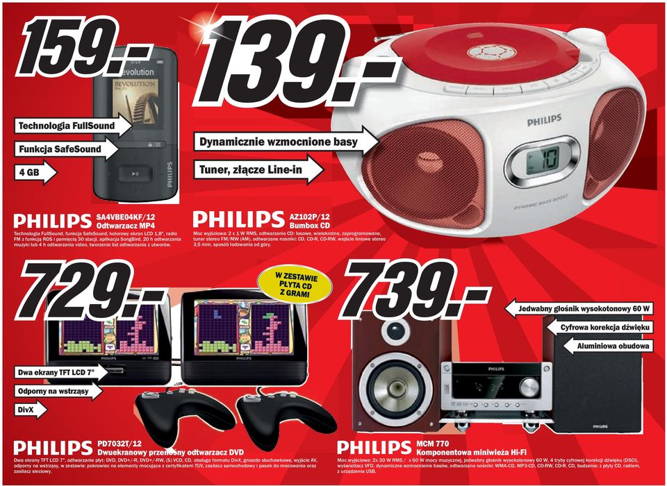 AZ102P/12 Bumbox CD Moc wyjściowa: 2 x 1 W RMS, odtwarzanie CD: losowe, wielokrotne, zaprogramowane, tuner stereo FM/MW (AM), odtwarzane nosniki: CD, CD-R, CD-RW, wejście liniowe stereo 3,5 mm,