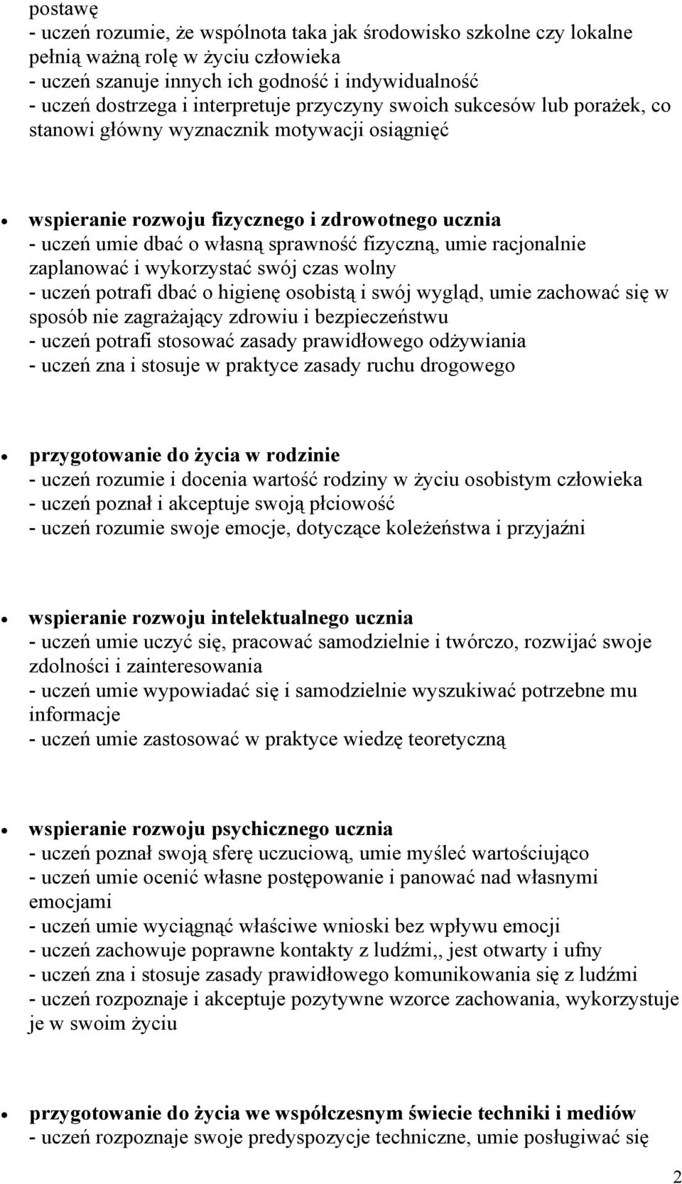 racjonalnie zaplanować i wykorzystać swój czas wolny - uczeń potrafi dbać o higienę osobistą i swój wygląd, umie zachować się w sposób nie zagrażający zdrowiu i bezpieczeństwu - uczeń potrafi