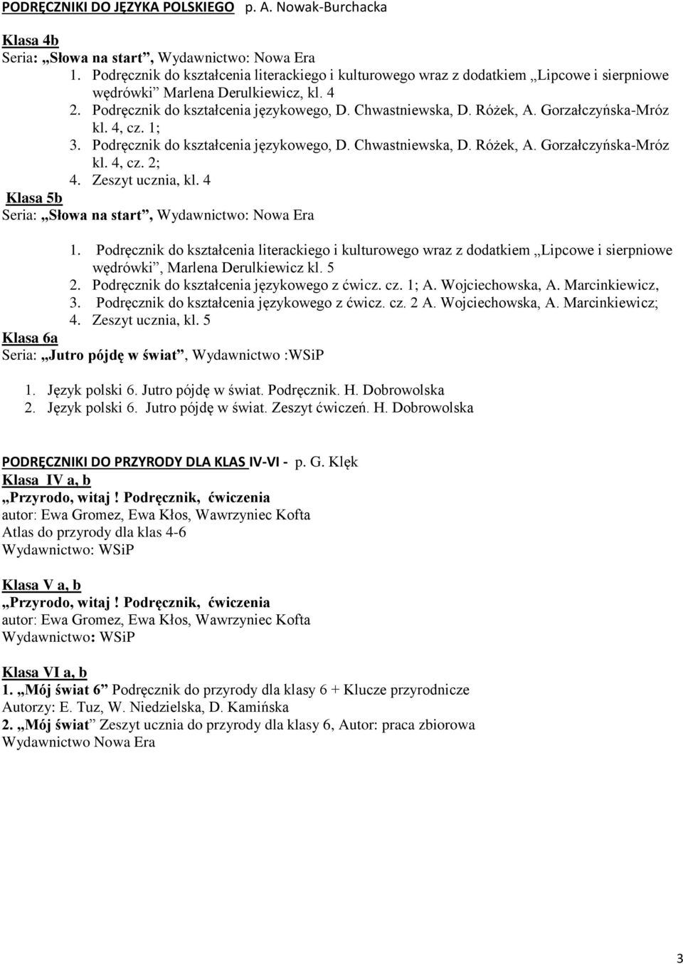 4 Klasa 5b Seria: Słowa na start, Wydawnictwo: Nowa Era wędrówki, Marlena Derulkiewicz kl. 5 2. Podręcznik do kształcenia językowego z ćwicz. cz. 1; A. Wojciechowska, A. Marcinkiewicz, 3.