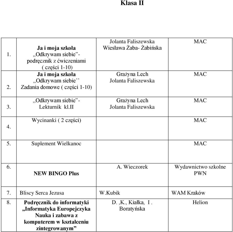 Lekturnik kl.ii 4. Wycinanki ( 2 części) 5. Suplement Wielkanoc 6. NEW BINGO Plus A.