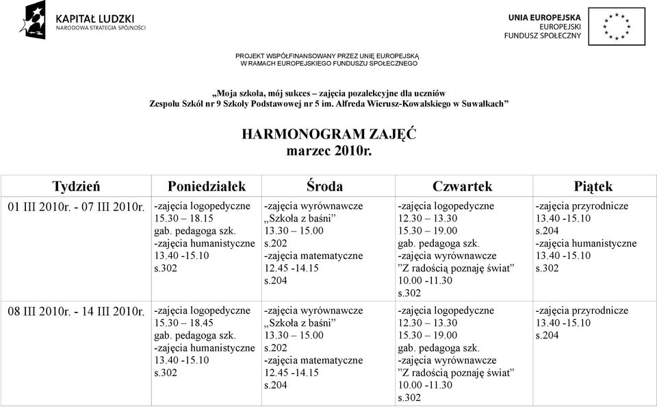 Alfreda Wierusz-Kowalskiego w Suwałkach HARMONOGRAM ZAJĘĆ marzec 2010r.