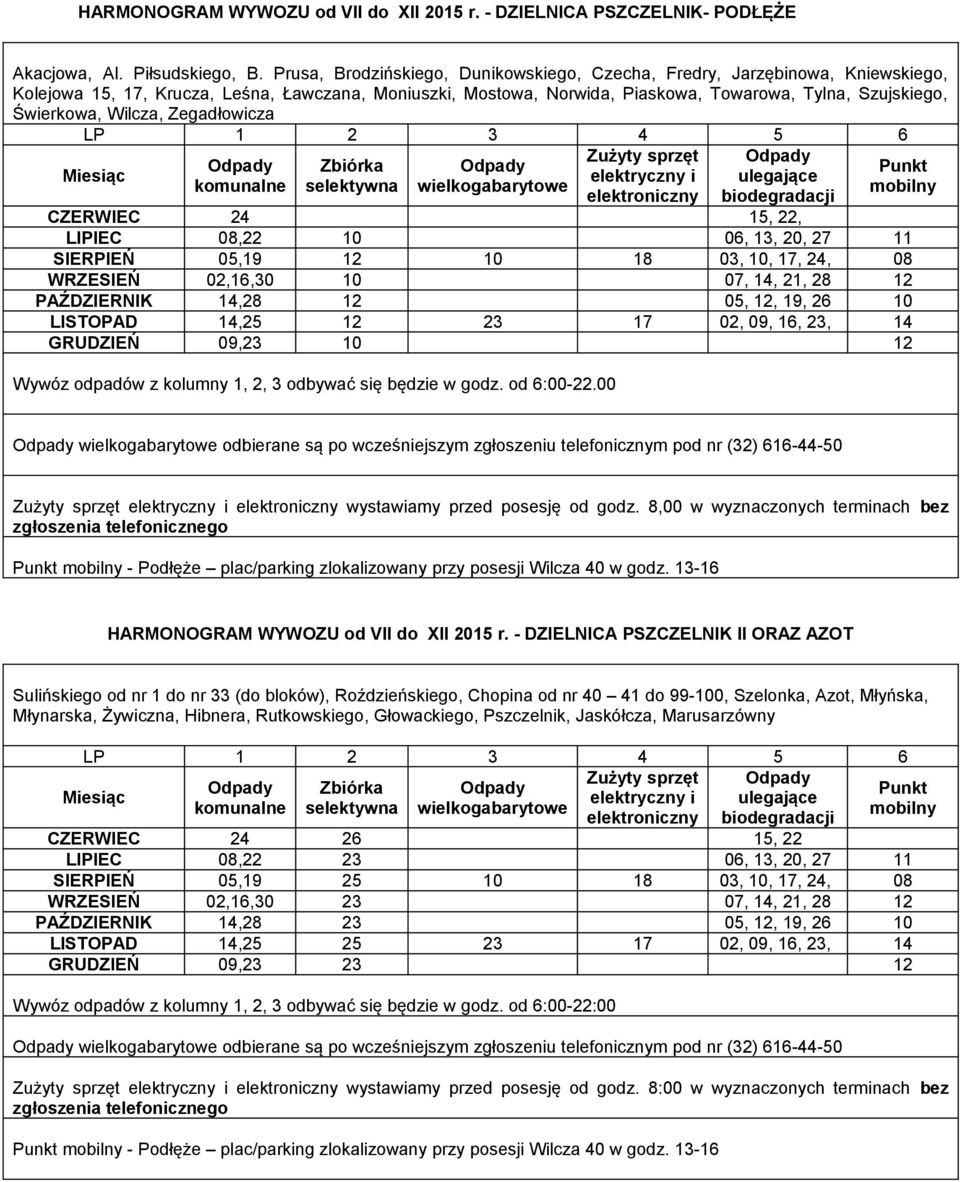 Wilcza, Zegadłowicza elektroniczny biodegradacji CZERWIEC 24 15, 22, LIPIEC 08,22 10 06, 13, 20, 27 11 SIERPIEŃ 05,19 12 10 18 03, 10, 17, 24, 08 WRZESIEŃ 02,16,30 10 07, 14, 21, 28 12 PAŹDZIERNIK
