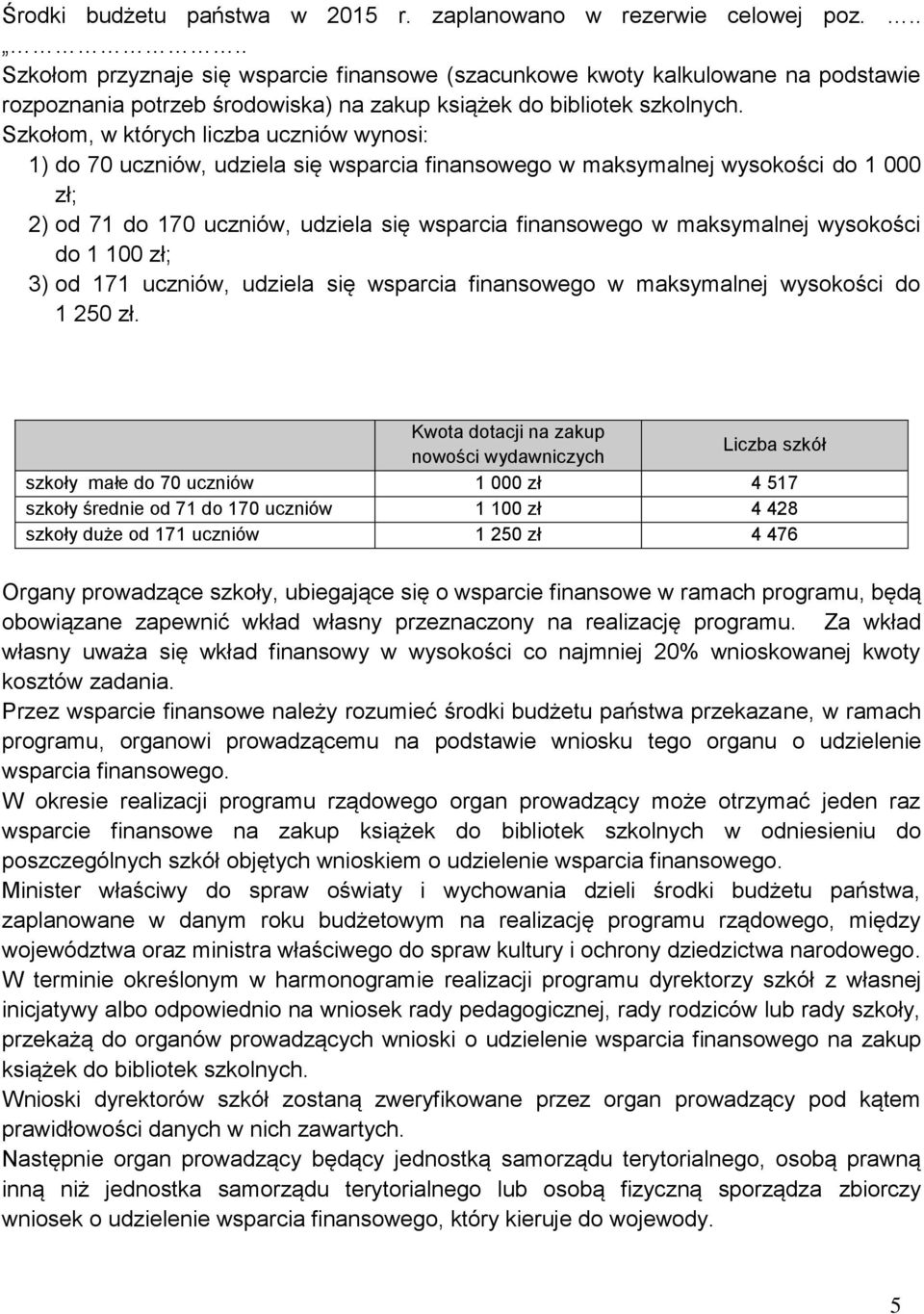 Szkołom, w których liczba uczniów wynosi: 1) do 70 uczniów, udziela się wsparcia finansowego w maksymalnej wysokości do 1 000 zł; 2) od 71 do 170 uczniów, udziela się wsparcia finansowego w