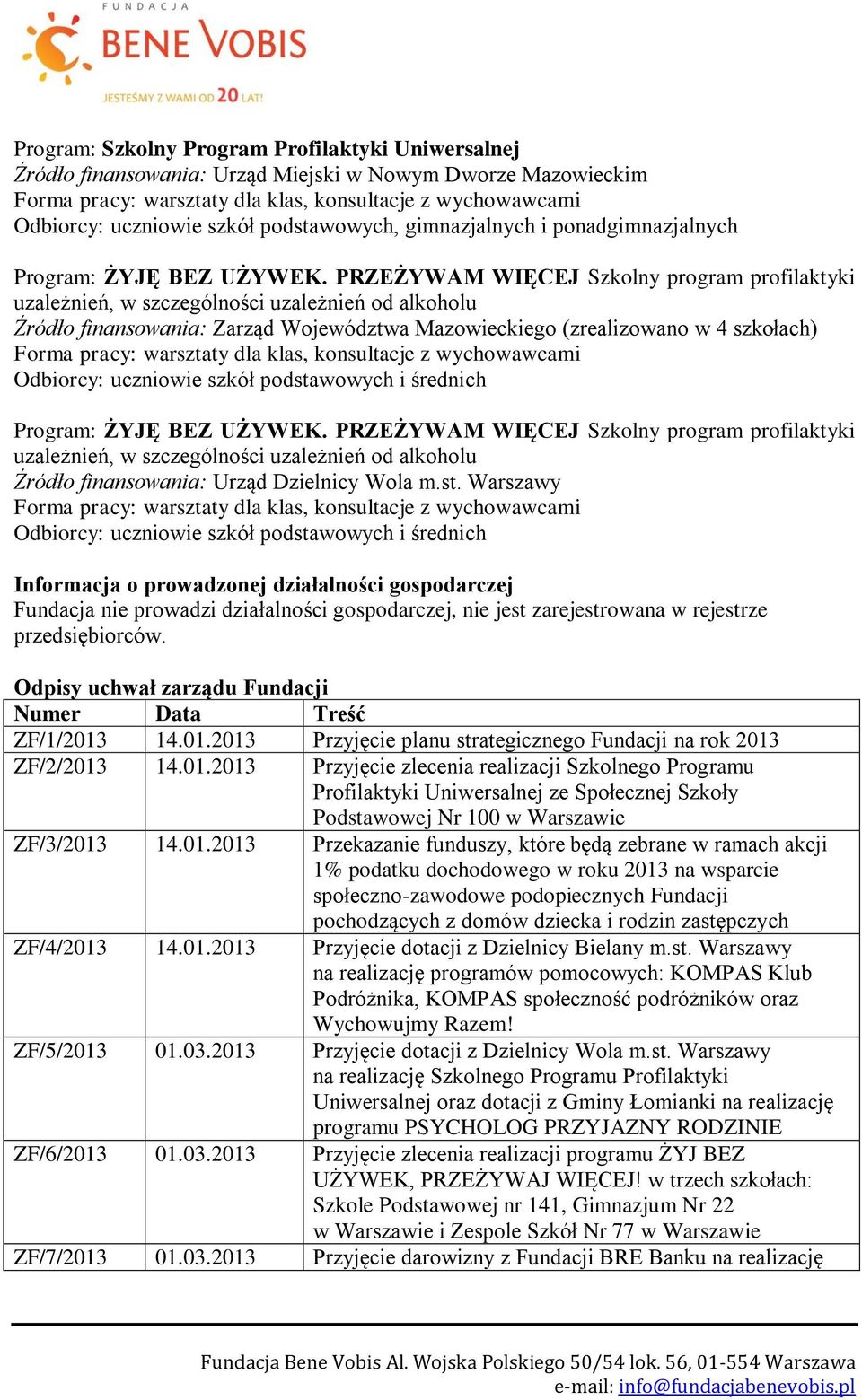PRZEŻYWAM WIĘCEJ Szkolny program profilaktyki uzależnień, w szczególności uzależnień od alkoholu Źródło finansowania: Zarząd Województwa Mazowieckiego (zrealizowano w 4 szkołach) Odbiorcy: uczniowie