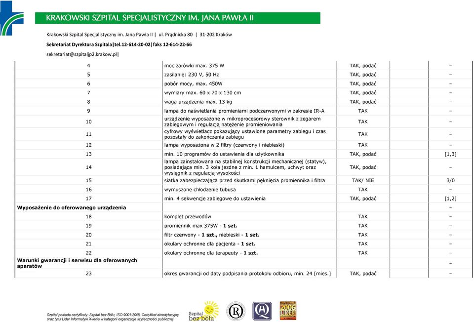 wyświetlacz pokazujący ustawione parametry zabiegu i czas pozostały do zakończenia zabiegu 12 lampa wyposażona w 2 filtry (czerwony i niebieski) 13 min.