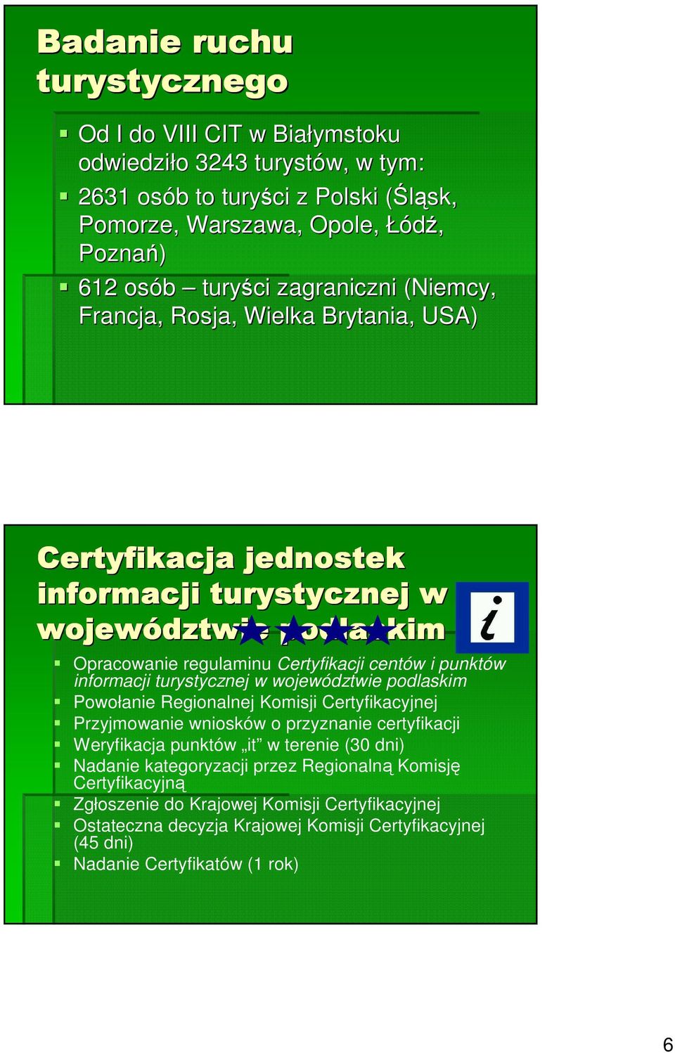 punktów informacji turystycznej w województwie podlaskim Powołanie Regionalnej Komisji Certyfikacyjnej Przyjmowanie wniosków o przyznanie certyfikacji Weryfikacja punktów it w terenie (30