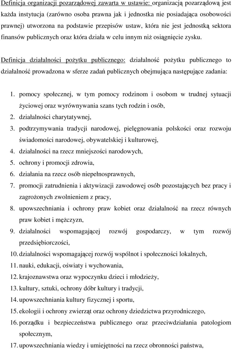 Definicja działalności pożytku publicznego: działalność pożytku publicznego to działalność prowadzona w sferze zadań publicznych obejmująca następujące zadania: 1.