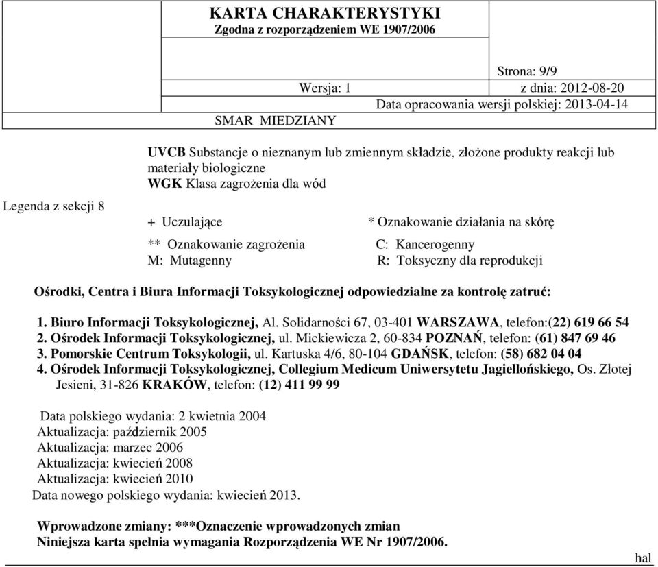 Biuro Informacji Toksykologicznej, Al. Solidarności 67, 03-401 WARSZAWA, telefon:(22) 619 66 54 2. Ośrodek Informacji Toksykologicznej, ul. Mickiewicza 2, 60-834 POZNAŃ, telefon: (61) 847 69 46 3.