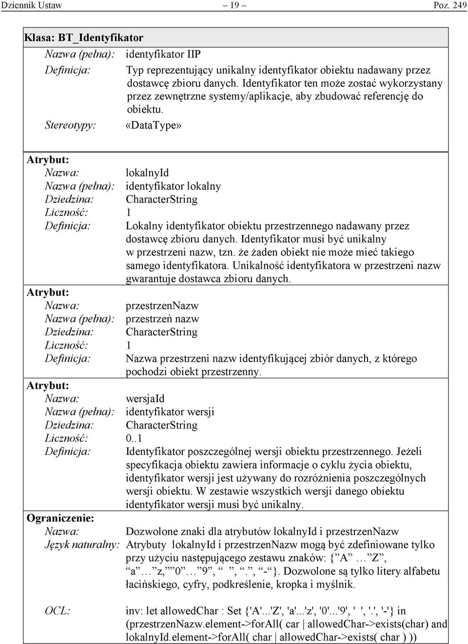 Stereotypy: «DataType» Atrybut: Nazwa: lokalnyid Nazwa (pełna): identyfikator lokalny Dziedzina: CharacterString Liczność: 1 Definicja: Lokalny identyfikator obiektu przestrzennego nadawany przez