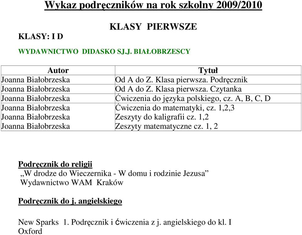 Czytanka Ćwiczenia do języka polskiego, cz. A, B, C, D Ćwiczenia do matematyki, cz.