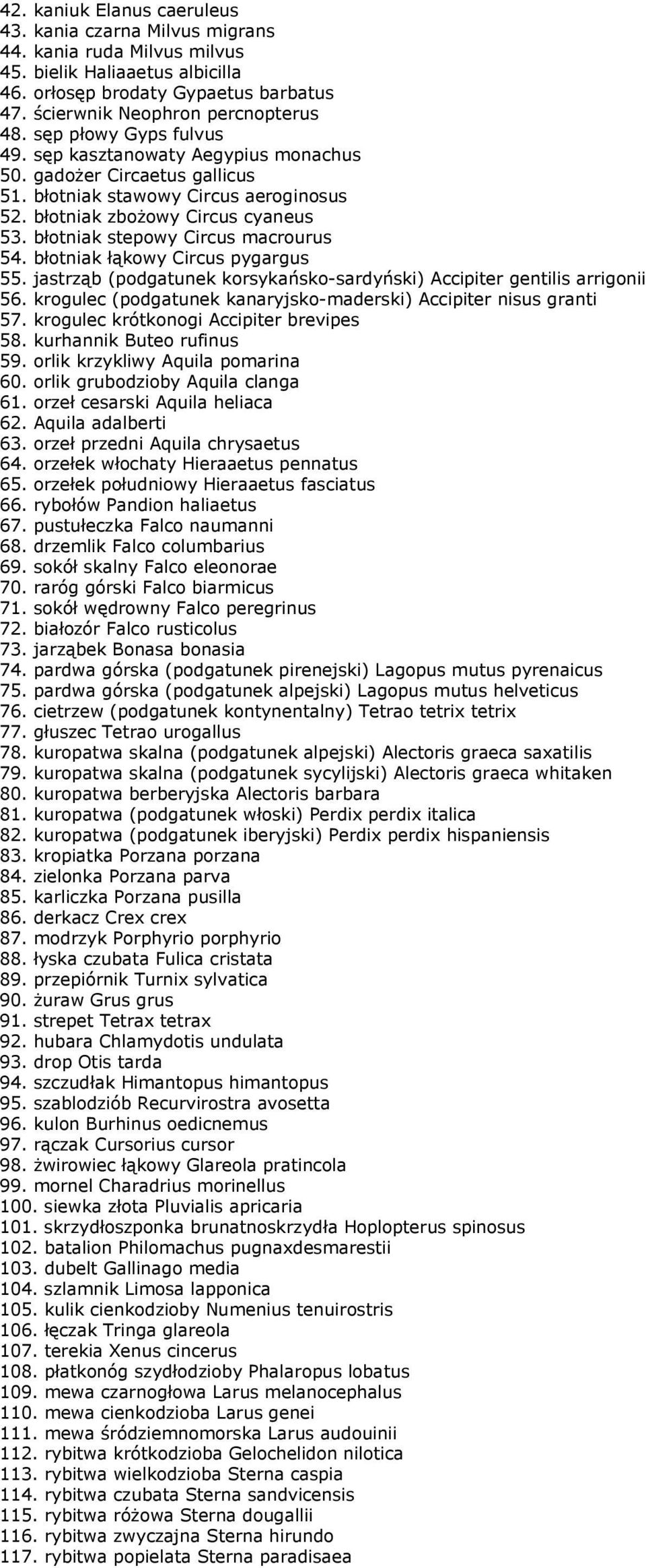 błotniak stepowy Circus macrourus 54. błotniak łąkowy Circus pygargus 55. jastrząb (podgatunek korsykańsko-sardyński) Accipiter gentilis arrigonii 56.