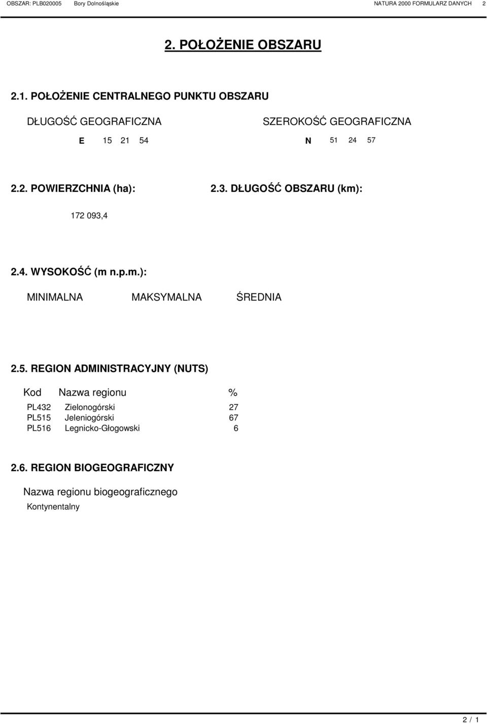 3. DŁUGOŚĆ OSZARU (km): 172 093,4 2.4. WYSOKOŚĆ (m n.p.m.): MINIMALNA MAKSYMALNA ŚREDNIA 2.5.