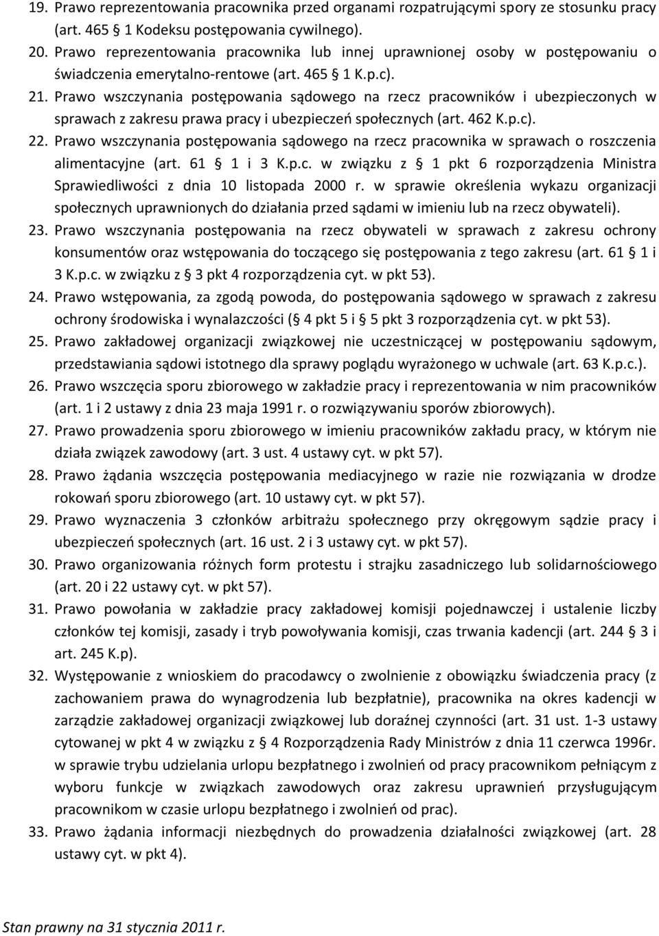Prawo wszczynania postępowania sądowego na rzecz pracowników i ubezpieczonych w sprawach z zakresu prawa pracy i ubezpieczeń społecznych (art. 462 K.p.c). 22.