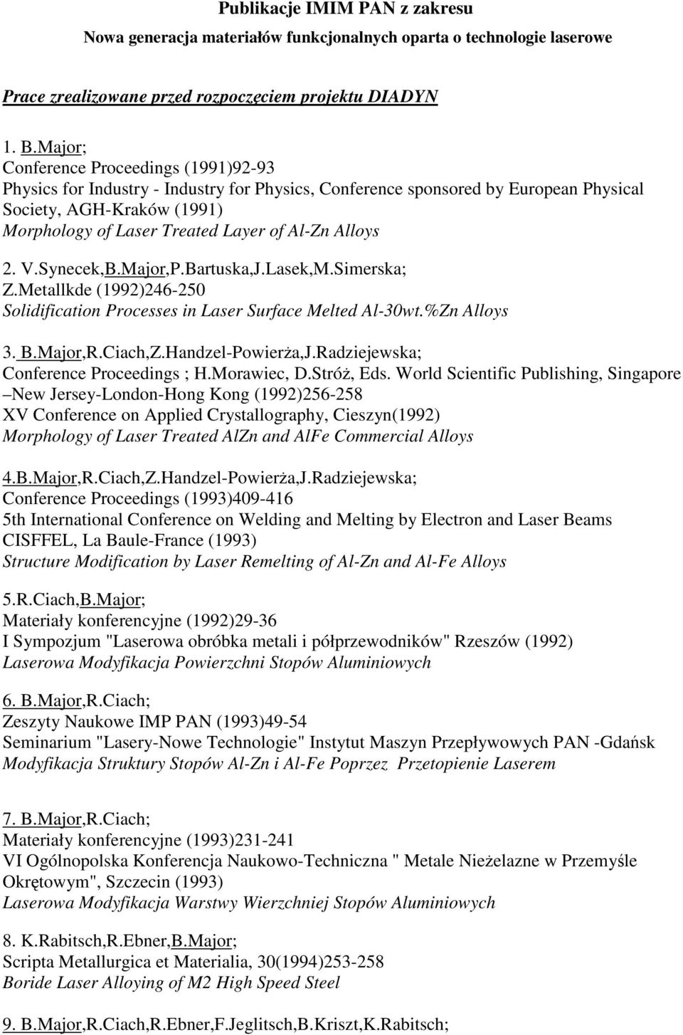 Alloys 2. V.Synecek,B.Major,P.Bartuska,J.Lasek,M.Simerska; Z.Metallkde (1992)246-250 Solidification Processes in Laser Surface Melted Al-30wt.%Zn Alloys 3. B.Major,R.Ciach,Z.Handzel-Powiera,J.