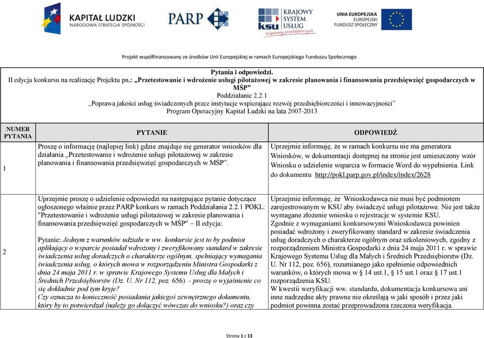 2.1 Poprawa jakości usług świadczonych przez instytucje wspierające rozwój przedsiębiorczości i innowacyjności Program Operacyjny Kapitał Ludzki na lata 2007-2013 NUMER PYTANIA 1 PYTANIE Proszę o