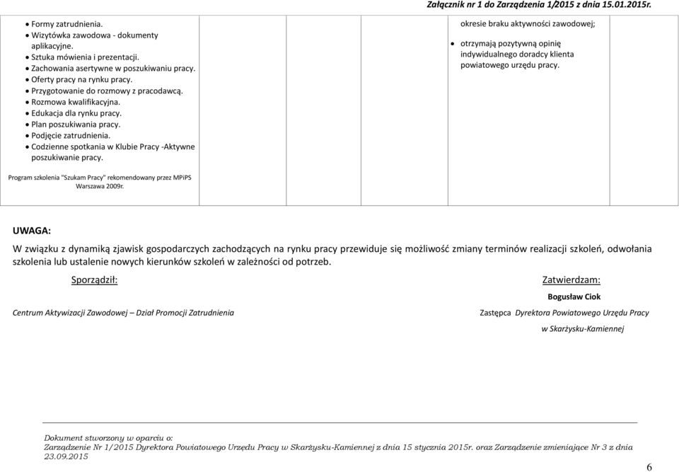 okresie braku aktywności zawodowej; otrzymają pozytywną opinię indywidualnego doradcy klienta powiatowego urzędu pracy. Program szkolenia "Szukam Pracy" rekomendowany przez MPiPS Warszawa 2009r.