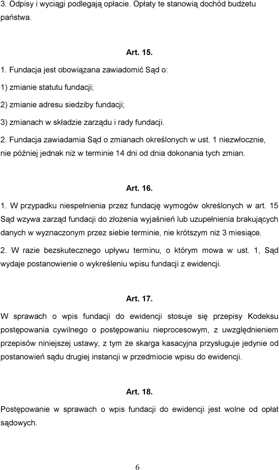 1 niezwłocznie, nie później jednak niż w terminie 14 dni od dnia dokonania tych zmian. Art. 16. 1. W przypadku niespełnienia przez fundację wymogów określonych w art.