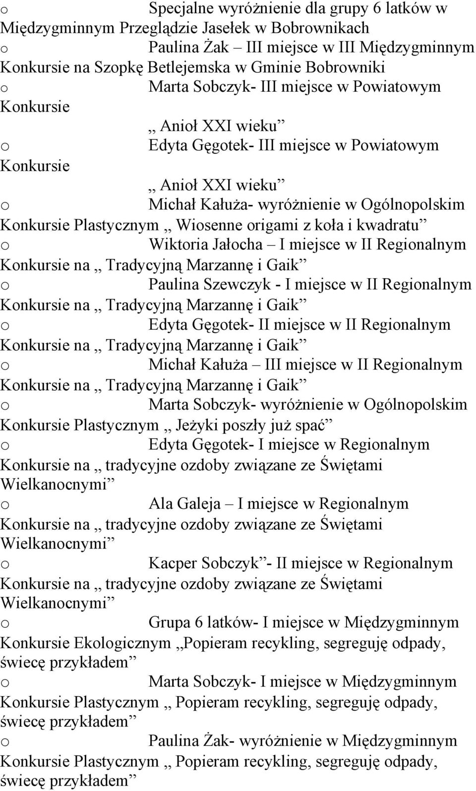 Wiktria Jałcha I miejsce w II Reginalnym Knkursie na Tradycyjną Marzannę i Gaik Paulina Szewczyk - I miejsce w II Reginalnym Knkursie na Tradycyjną Marzannę i Gaik Edyta Gęgtek- II miejsce w II