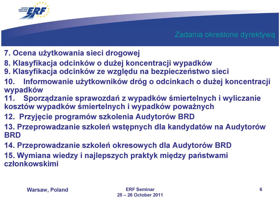 Sporządzanie sprawozdań z wypadków śmiertelnych i wyliczanie kosztów wypadków śmiertelnych i wypadków poważnych 12.