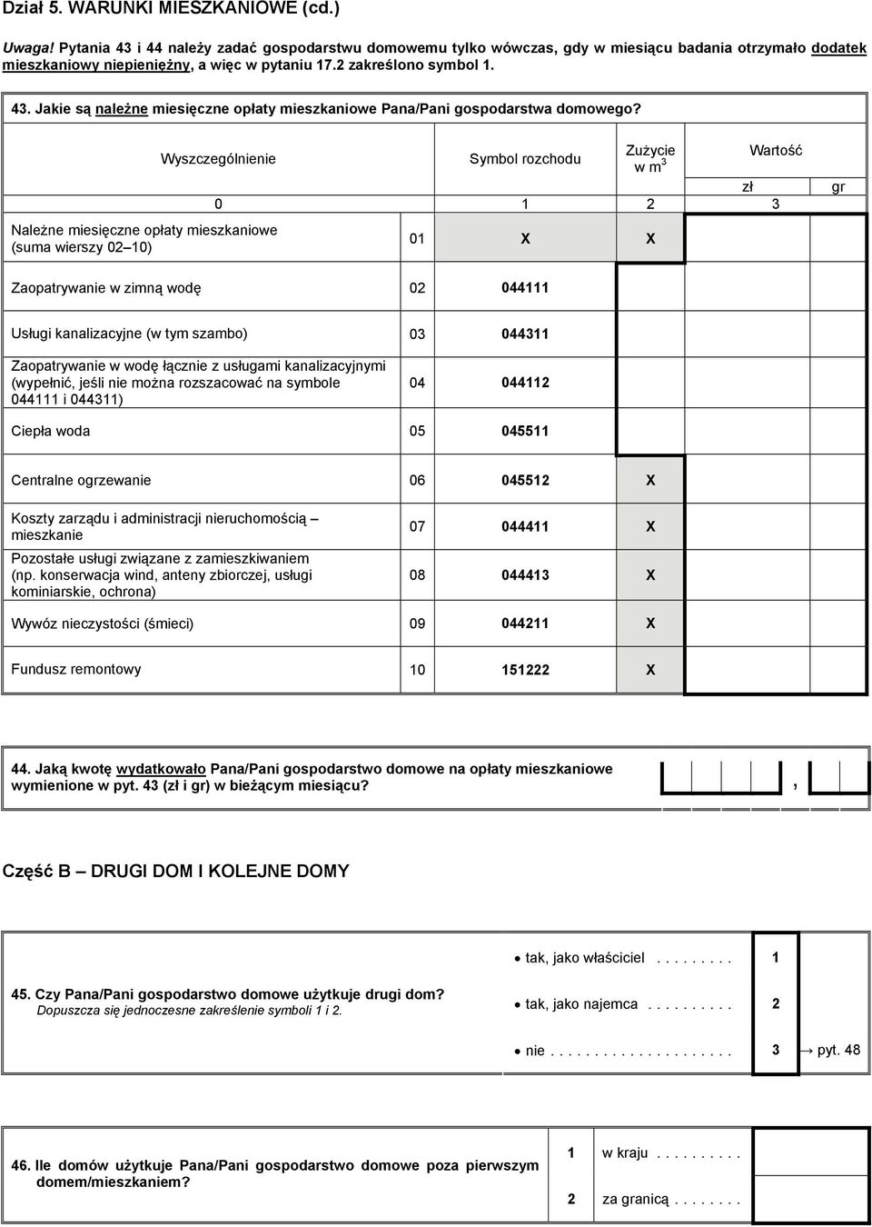 rozchodu Zużycie Należne miesięczne opłaty mieszkaniowe (suma wierszy 02 10) w m 3 zł gr 0 1 2 3 01 X X Zaopatrywanie w zimną wodę 02 044111 Usługi kanalizacyjne (w tym szambo) 03 044311