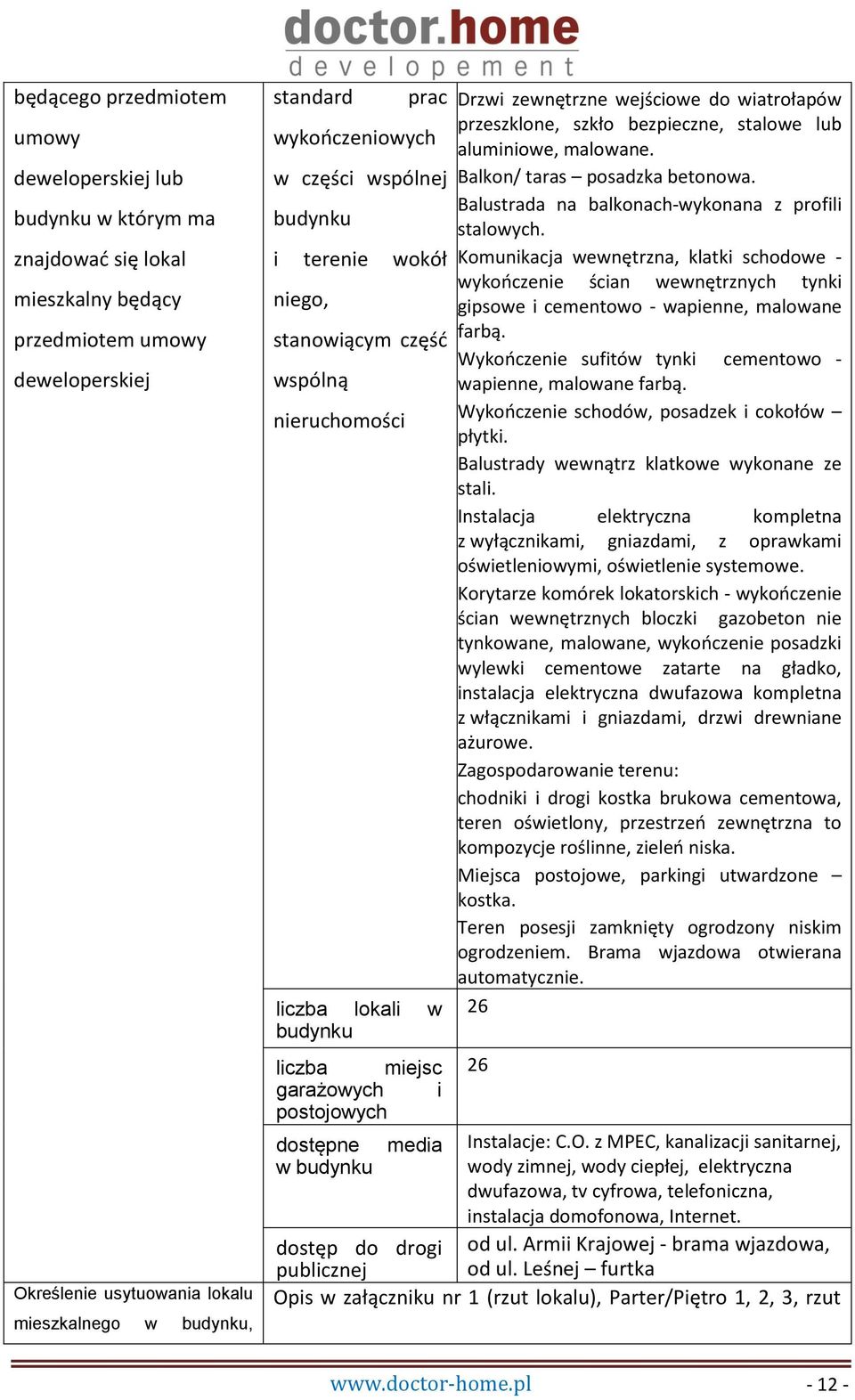 Drzwi zewnętrzne wejściowe do wiatrołapów przeszklone, szkło bezpieczne, stalowe lub aluminiowe, malowane. Balkon/ taras posadzka betonowa. Balustrada na balkonach-wykonana z profili stalowych.