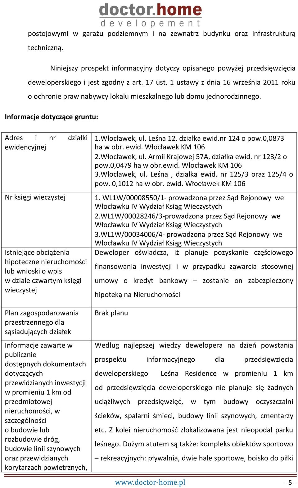 Informacje dotyczące gruntu: Adres i nr działki ewidencyjnej Nr księgi wieczystej Istniejące obciążenia hipoteczne nieruchomości lub wnioski o wpis w dziale czwartym księgi wieczystej Plan