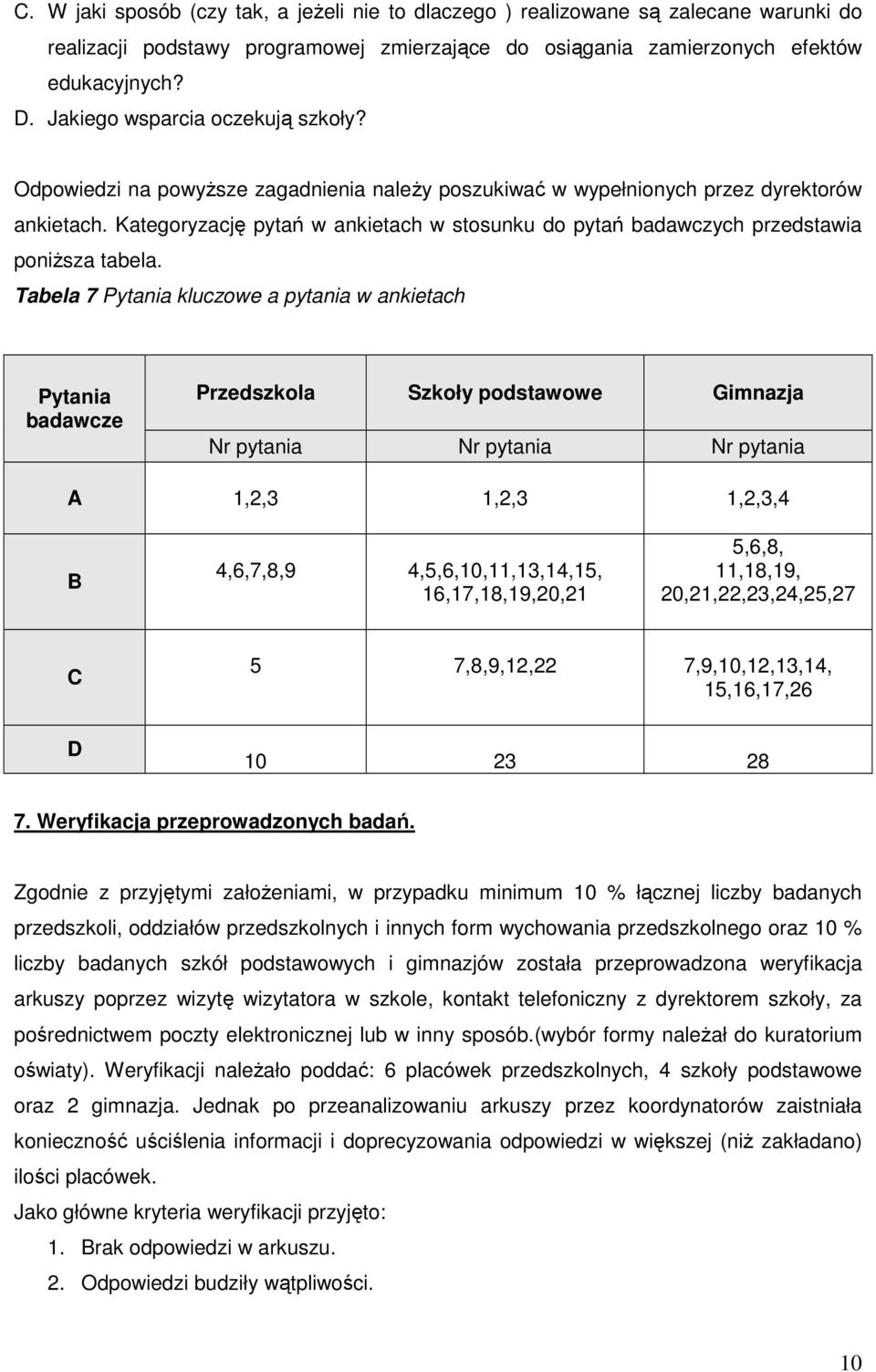 Kategoryzację pytań w ankietach w stosunku do pytań badawczych przedstawia poniższa tabela.