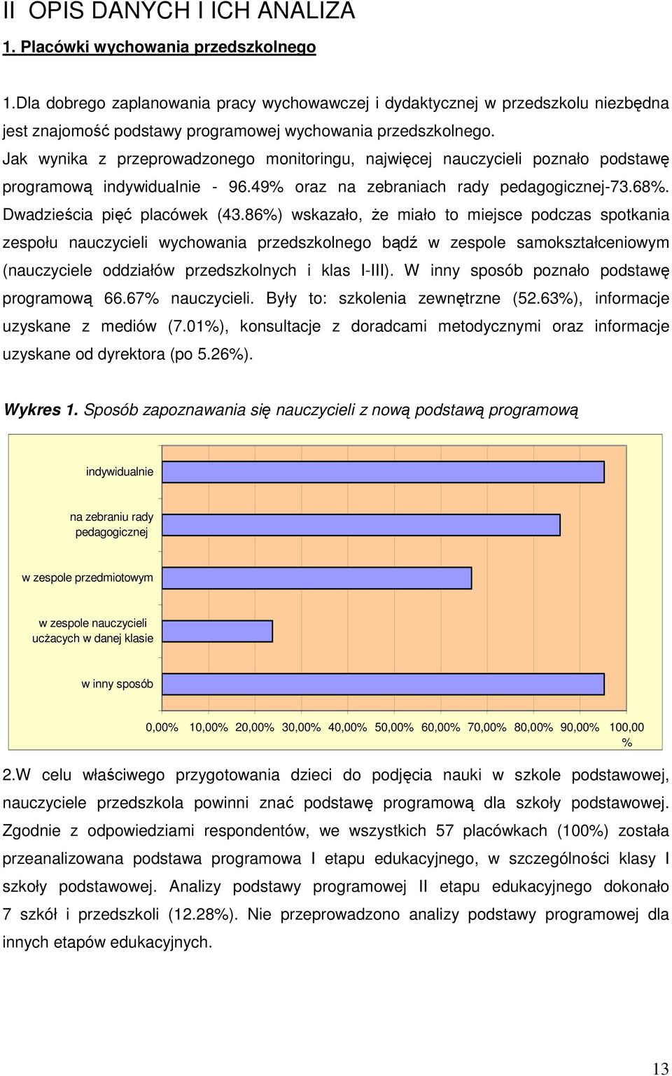 Jak wynika z przeprowadzonego monitoringu, najwięcej nauczycieli poznało podstawę programową indywidualnie - 96.49 oraz na zebraniach rady pedagogicznej-73.68. Dwadzieścia pięć placówek (43.