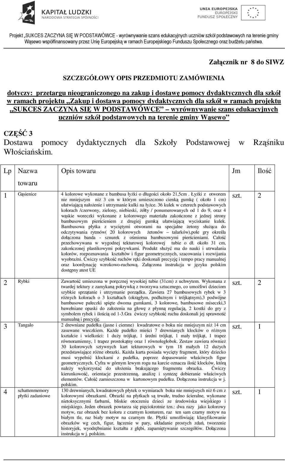 Szkoły Podstawowej w Rząśniku Włościańskim. Lp Nazwa towaru Opis towaru Jm Ilość 1 Gąsienice 4 kolorowe wykonane z bambusa łyŝki o długości około 21,5cm.