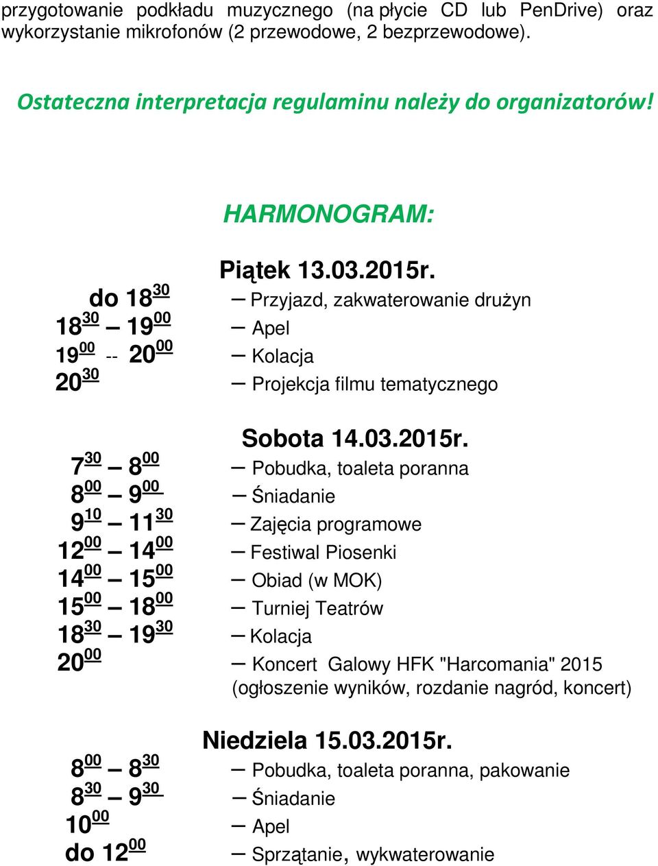 do 18 30 18 30 19 00 Apel 19 00 -- 20 00 Kolacja 20 30 Projekcja filmu tematycznego Przyjazd, zakwaterowanie druŝyn Sobota 14.03.2015r.