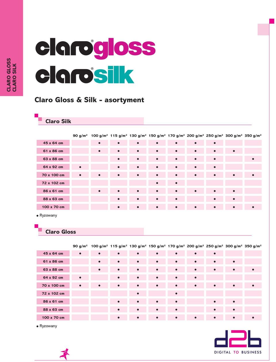 l l l l l l l l l Ryzowany Claro Gloss 90 g/m² 100 g/m² 115 g/m² 130 g/m² 150 g/m² 170 g/m² 200 g/m² 250 g/m² 300 g/m² 350 g/m² 45 x 64 cm l l l l l l l l 61 x 86 cm l l l l l l l l